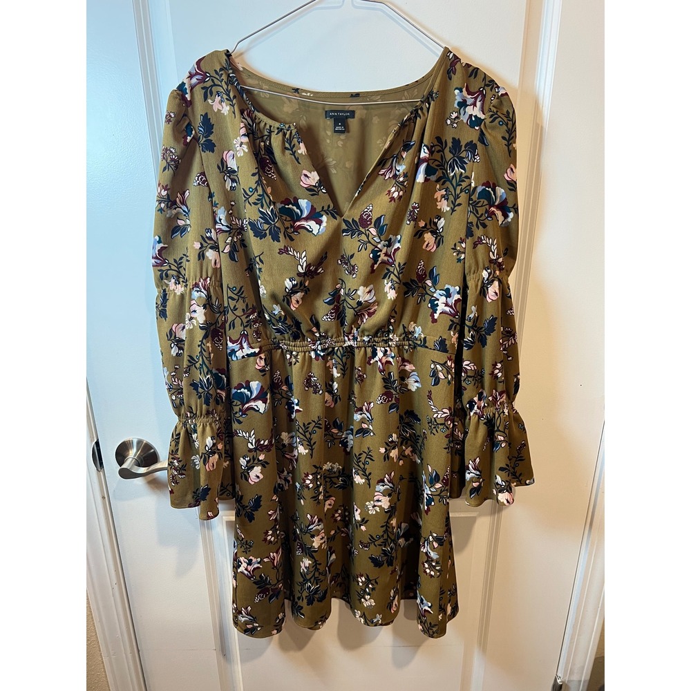 Ann Taylor Womens Mini Dress Floral Bell Sleeve Olive Green M